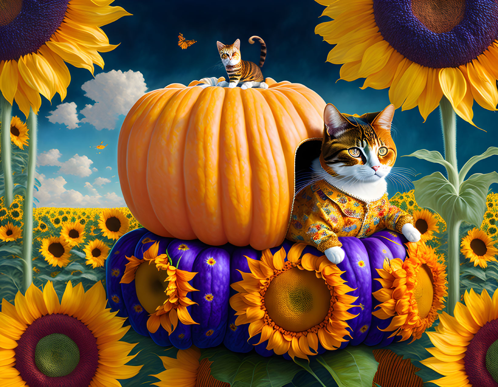 Colorful Pumpkins and Sunflowers with Two Cats in a Blue Sky