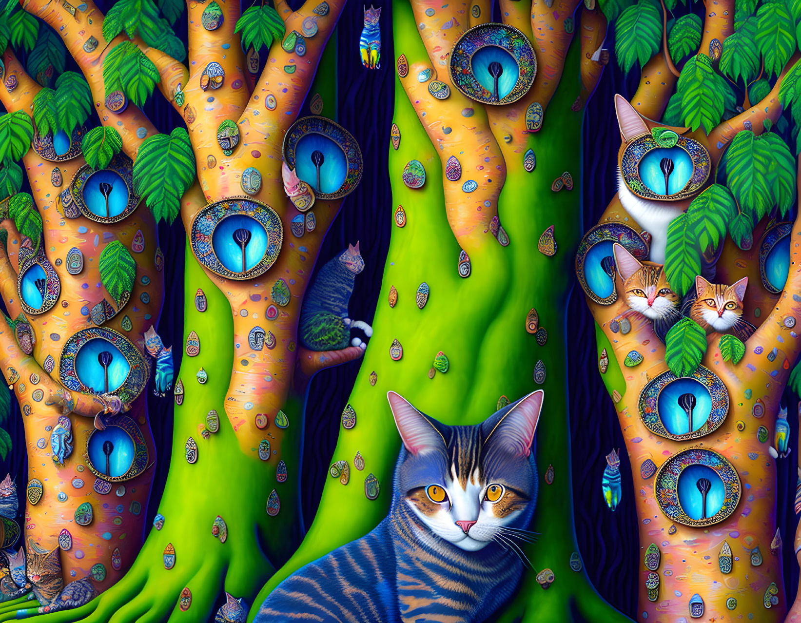 Colorful Artwork: Whimsical Cats in Surreal Forest Scene