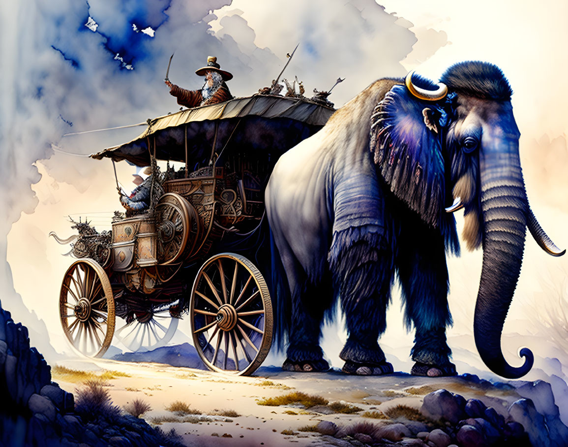 Steam-Powered Wagon on Elephant with Person and Cloudy Sky