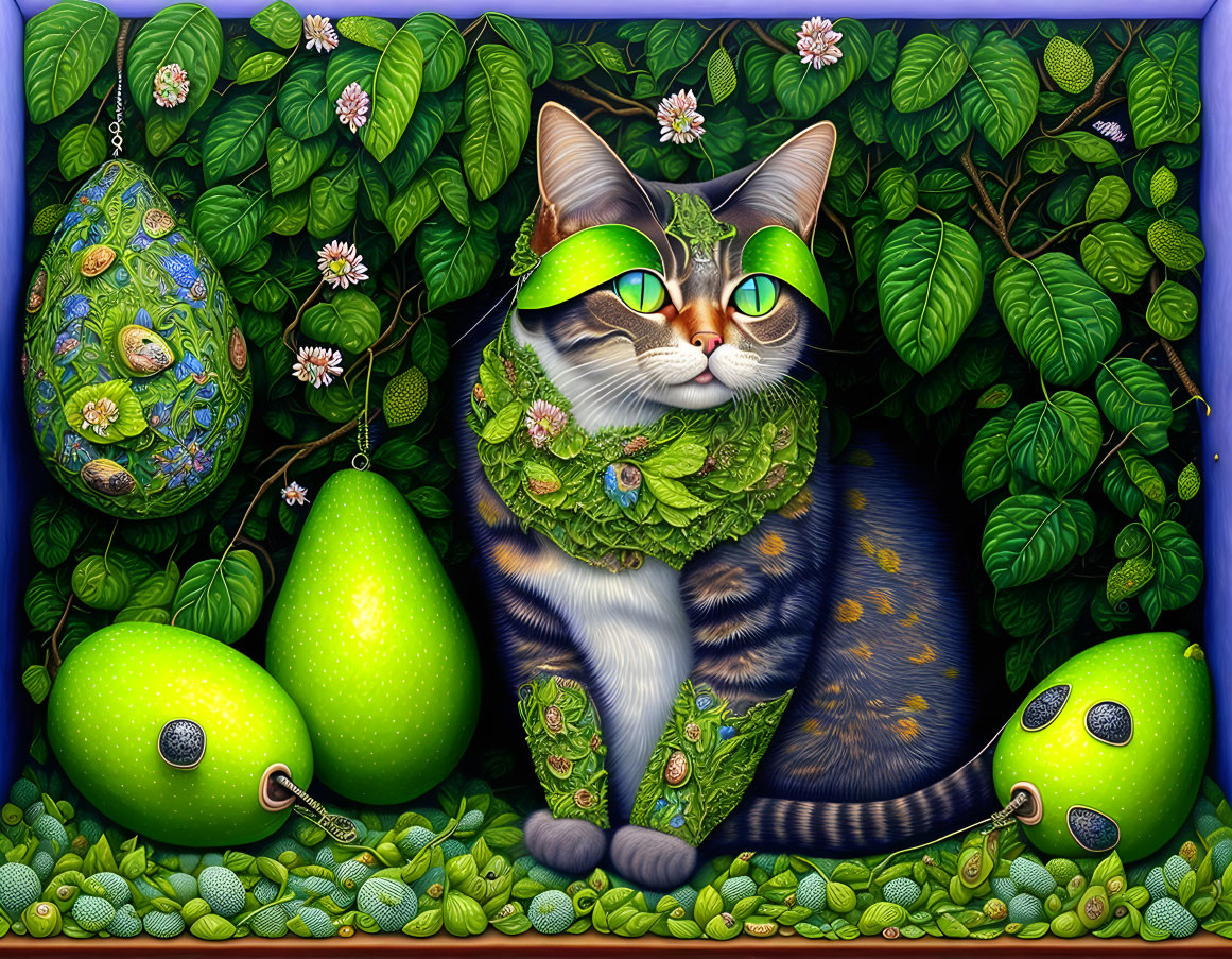 Colorful Cat with Green Spectacles and Ornate Collar Surrounded by Foliage and Eggs