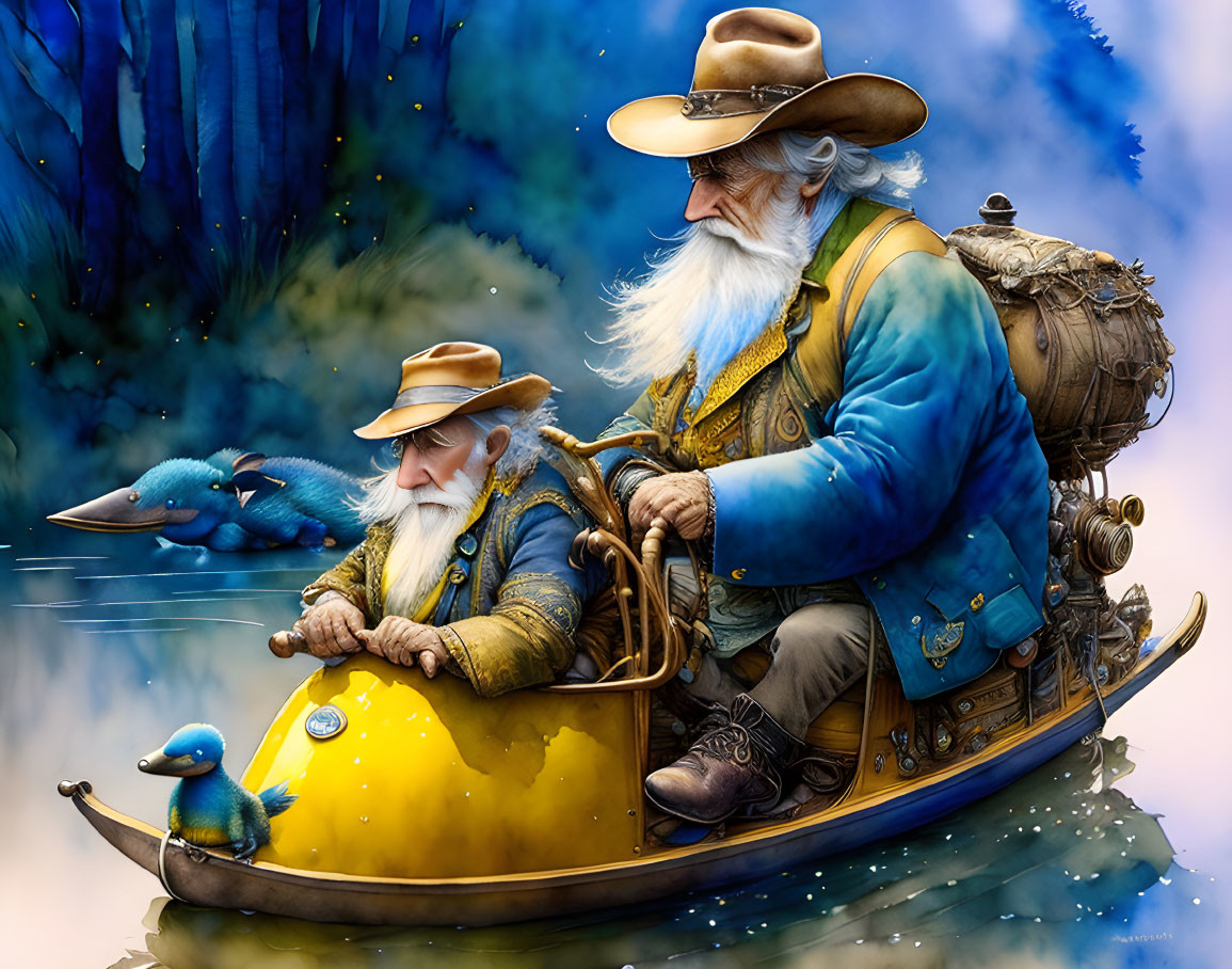 Fantasy dwarves in lemon boat with steampunk gear, fishing with blue platypus companions