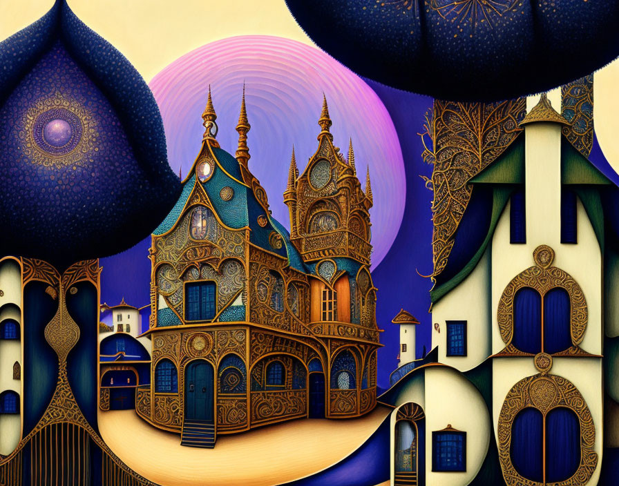 Whimsical buildings with intricate patterns under a pink and purple sun