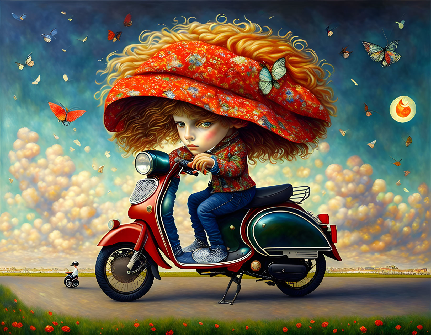 Whimsical painting of girl with red hair on vintage scooter in dreamy landscape