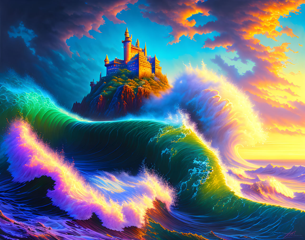 Fantasy artwork of castle on clifftop with glowing wave under dramatic sunset.