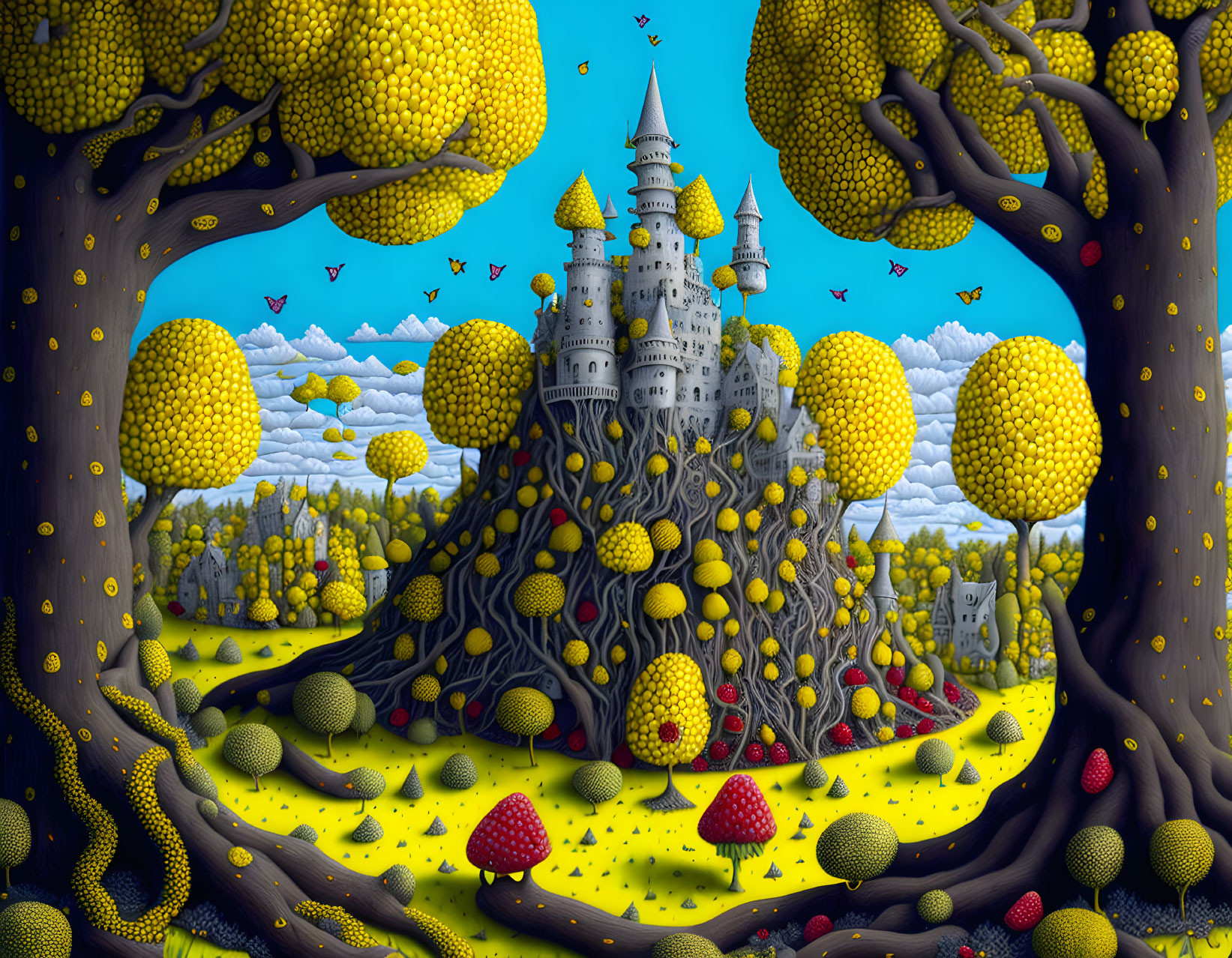 Whimsical castle in fantasy landscape with yellow foliage trees and red mushrooms