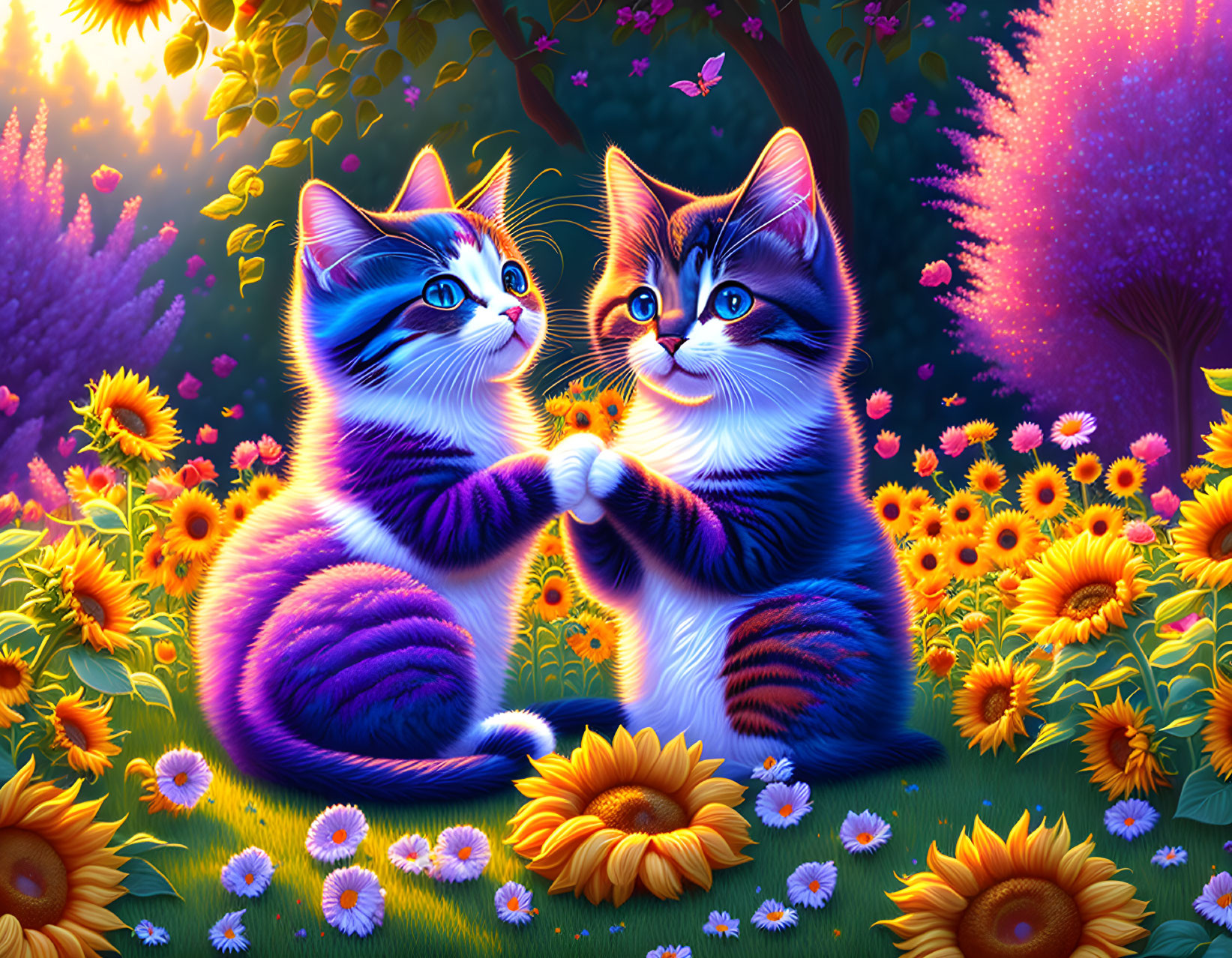 Illustrated kittens holding paws in magical forest scenery