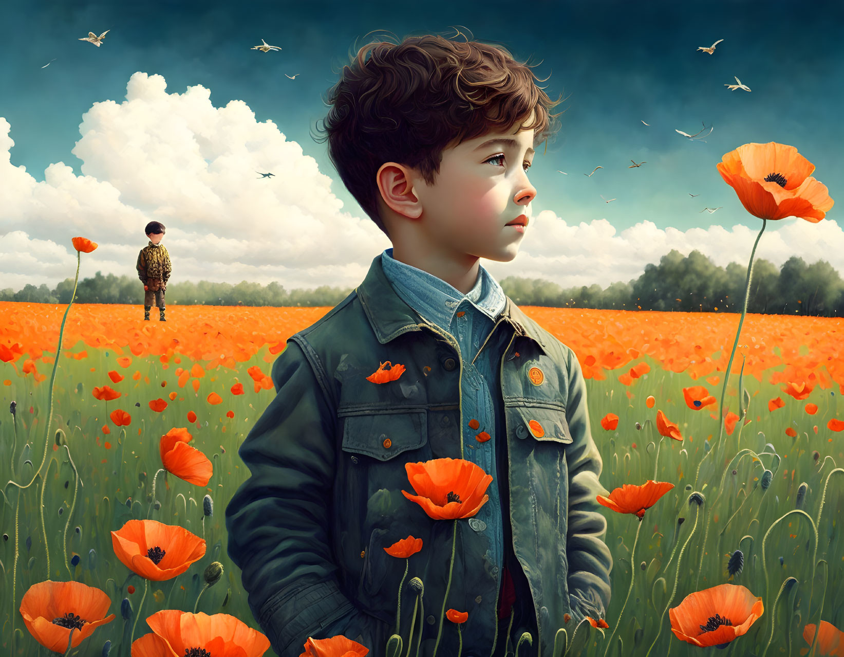 Boy in denim stands in vibrant poppy field under cloudy sky.