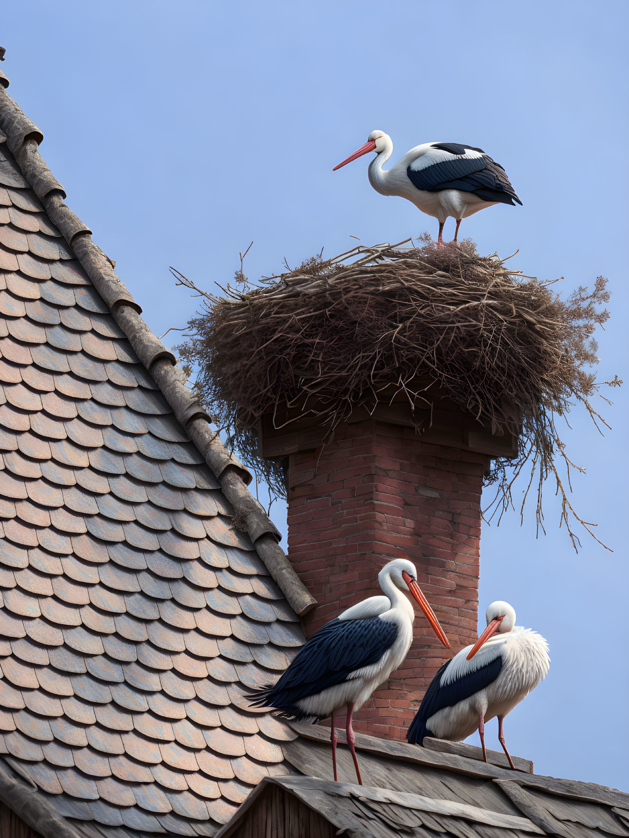 Three storks on roof with large nest against blue sky