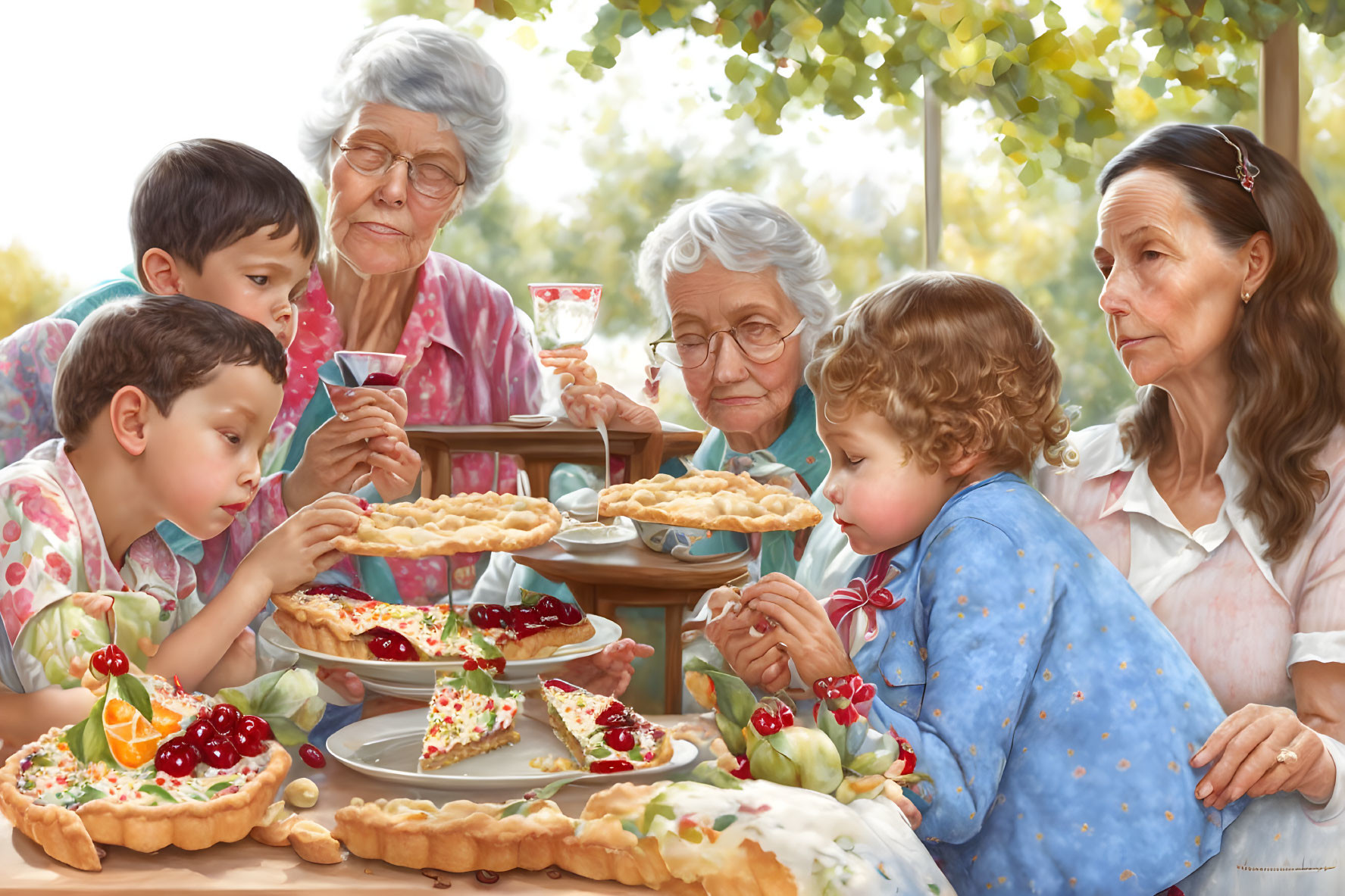 Family outdoor feast with elderly woman and young girl enjoying hot pie