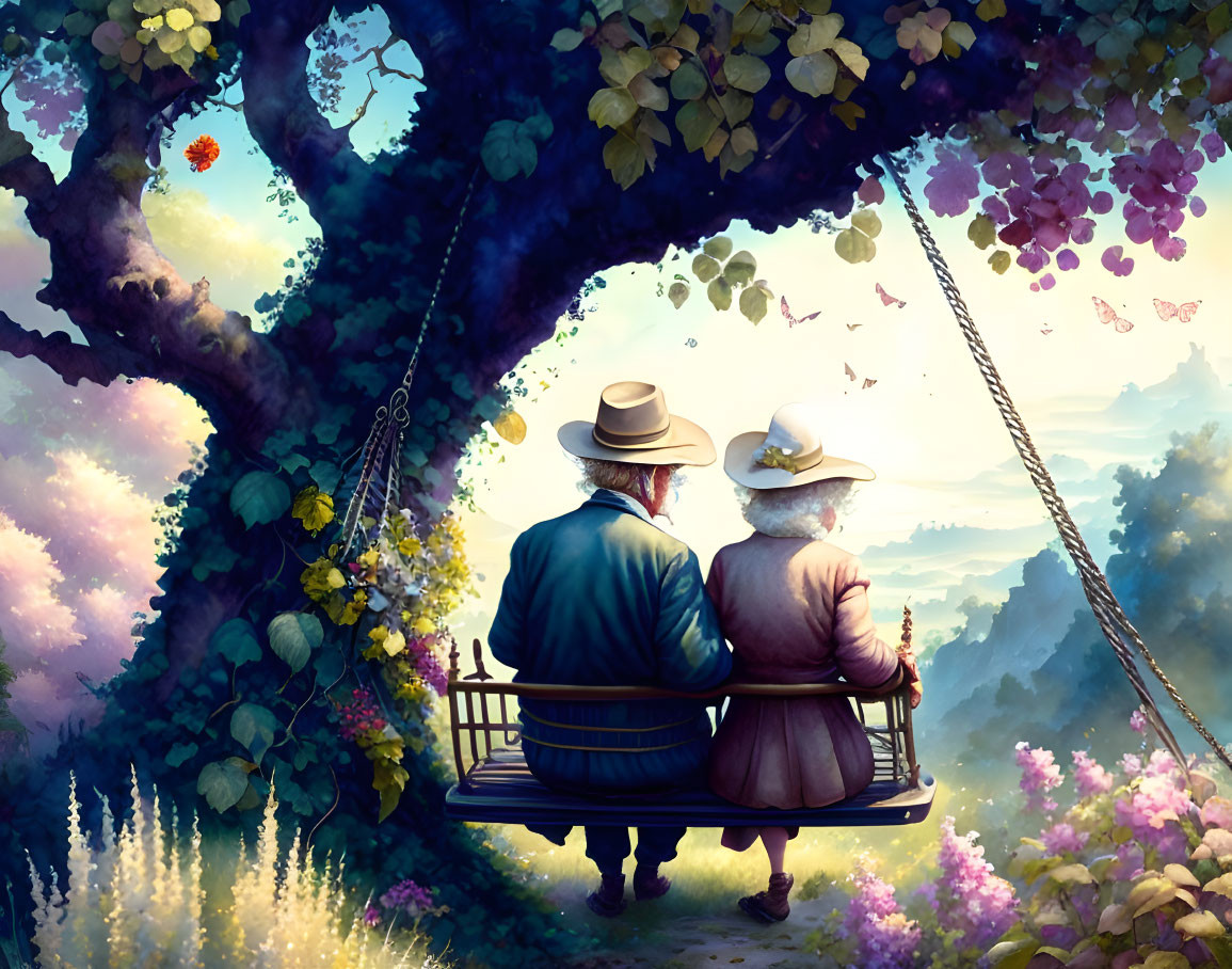 old man and old woman on a swing high above a beau