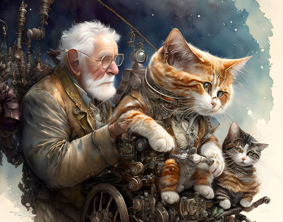 Elderly man with white beard gazes at ginger cat in steampunk scene