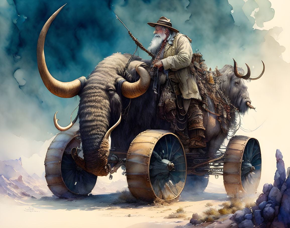 Elder with Long Beard Riding Tusked Beast in Barren Landscape