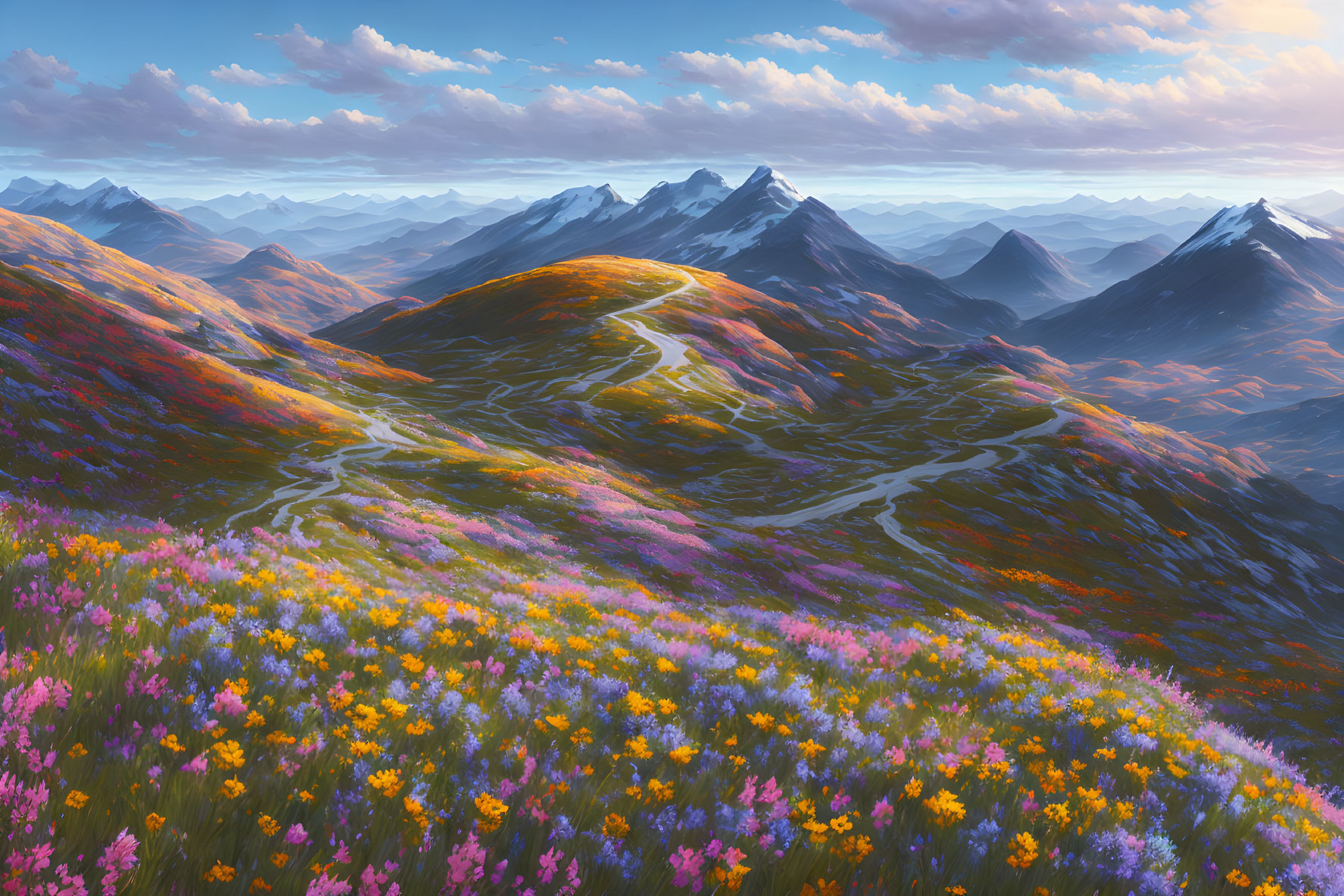 Scenic landscape with blooming meadow, winding paths, and majestic mountains