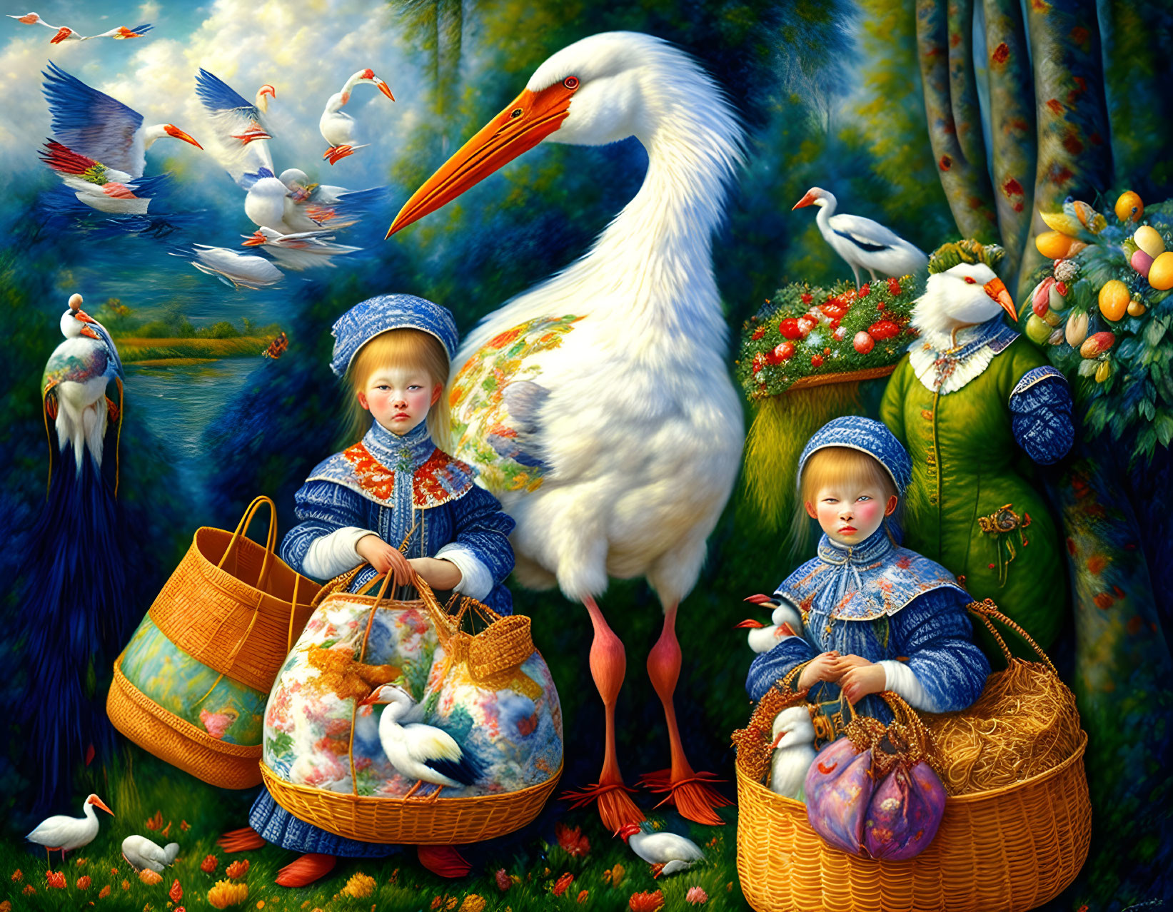 Colorful painting of children, stork, and baskets in lush landscape.