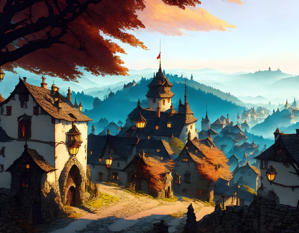 Fantasy Medieval Village with Stone Houses, Castle, and Mountains at Sunset