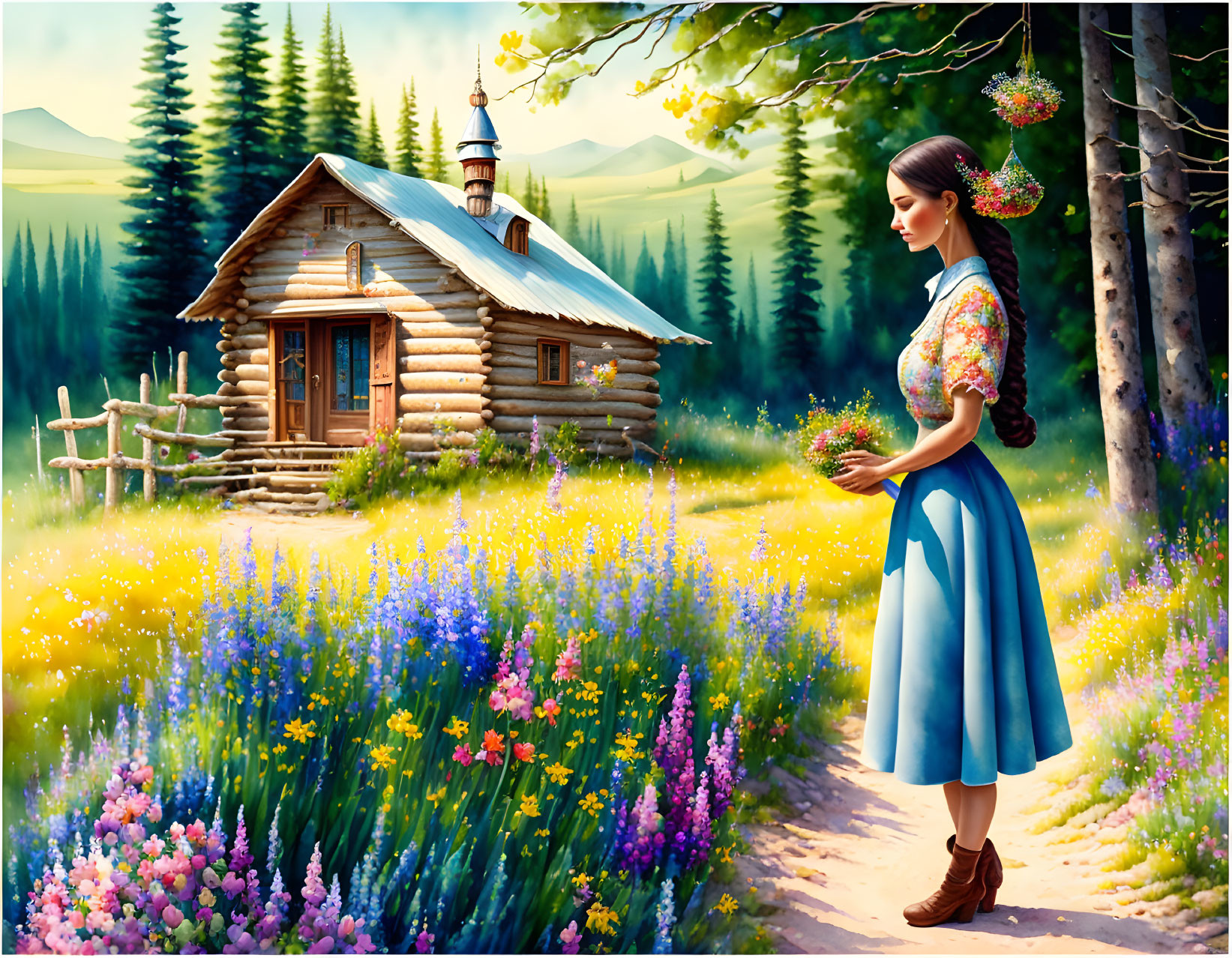 Woman in traditional outfit near blooming meadow and wooden cabin