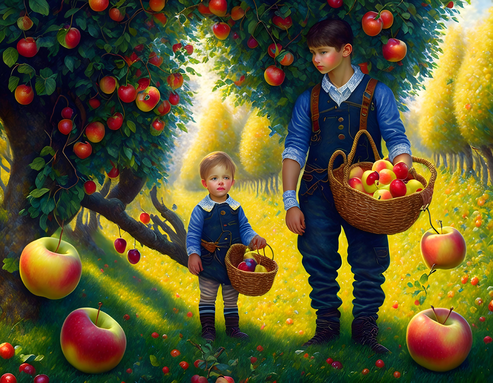 Children in vintage attire picking apples in orchard with sunlight filtering through trees.