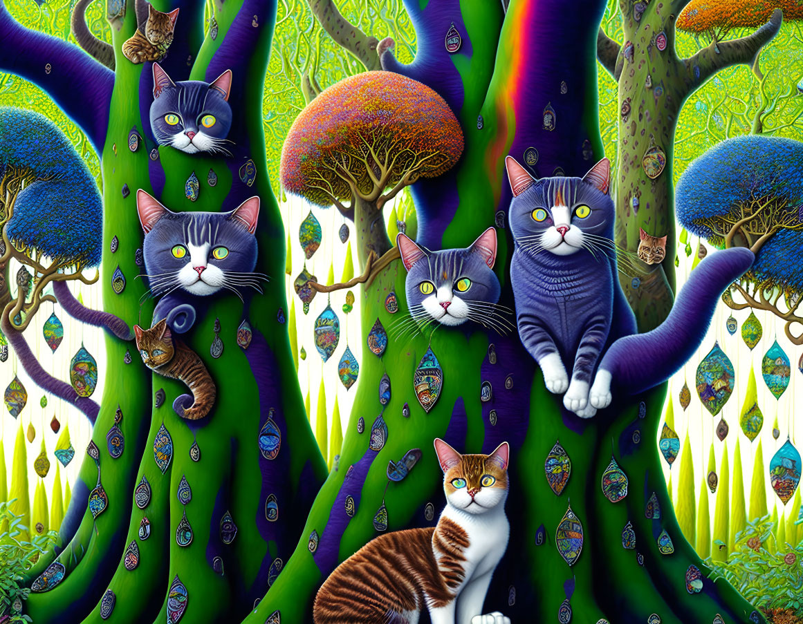 Colorful Cartoon Cats in Fantastical Tree Artwork