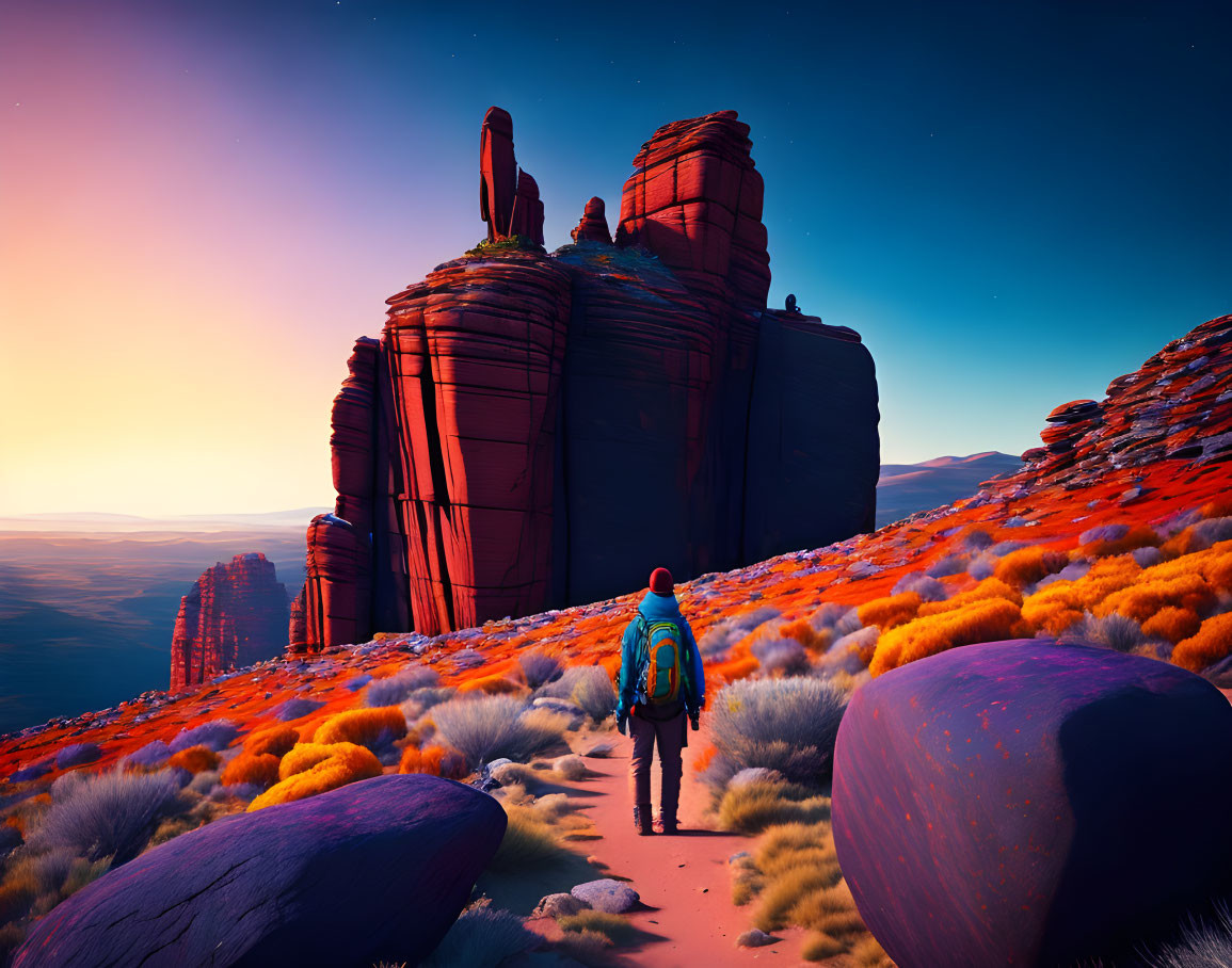 Traveler with Blue Backpack Amidst Red Rock Formations at Twilight