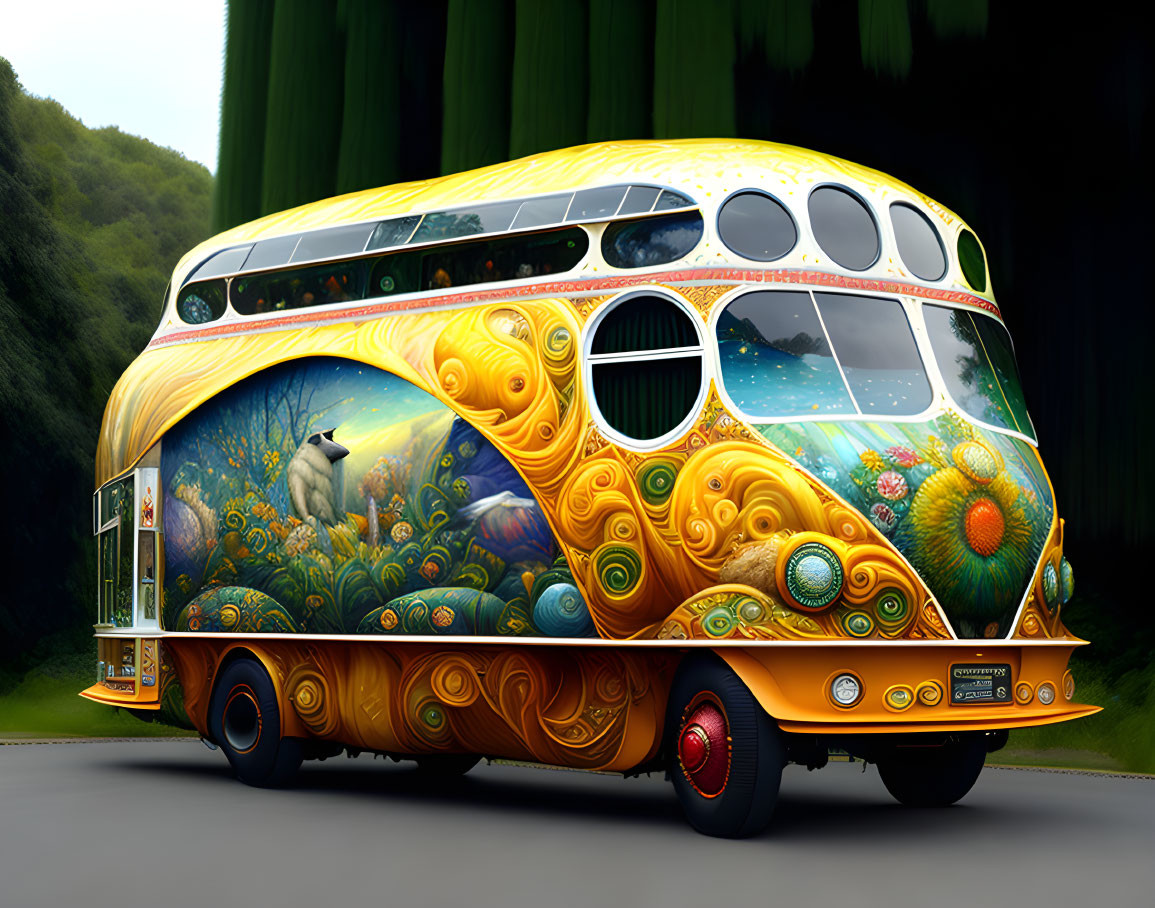 Colorful Vintage Bus with Swirl Patterns and Nature Motifs