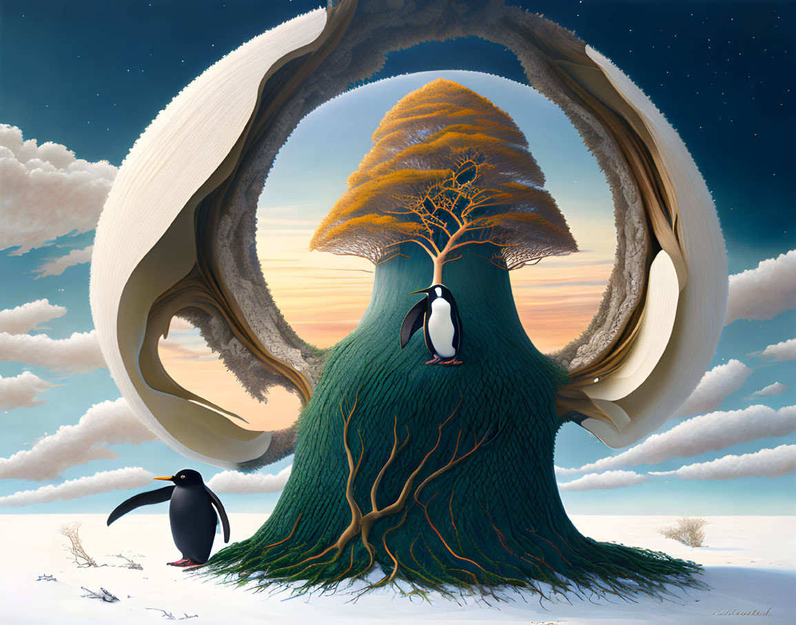 Surreal artwork: Penguins near tree with light frame, day to night sky