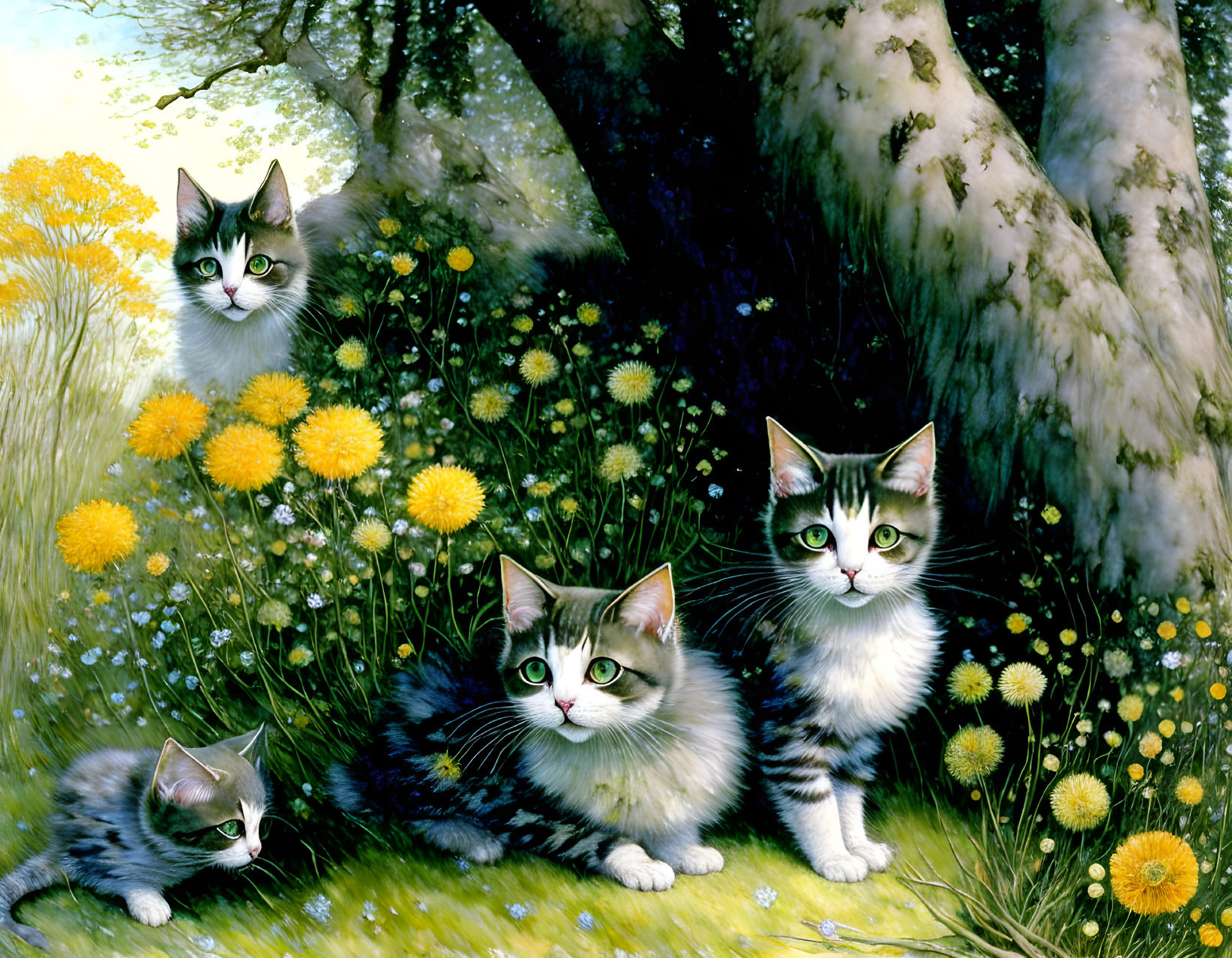 Four kittens in vibrant floral setting with dandelions, grass, and sunlight under tree