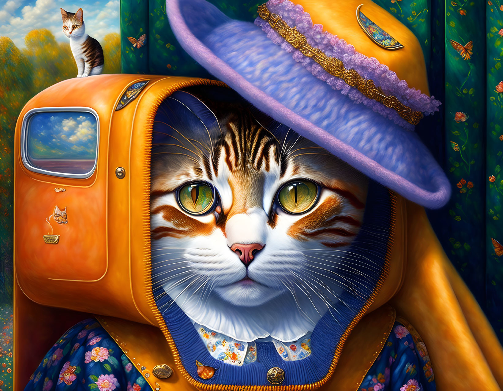 Colorful painting of large cat in hat and hoodie with camper and butterflies.