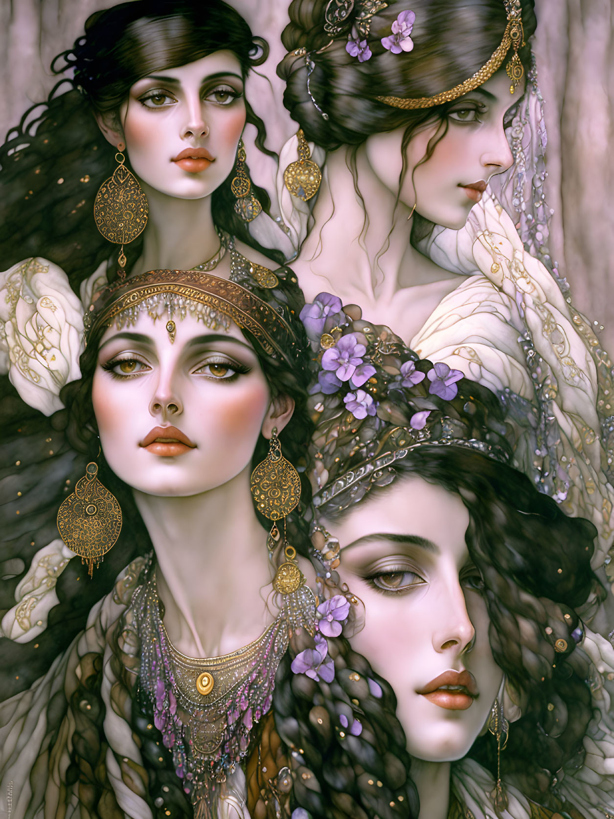 Four Women Adorned in Ornate Jewelry and Floral Headdresses