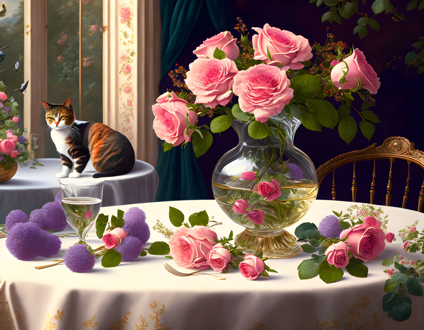 Calico cat with pink roses, wine glass, and purple flowers on table near window