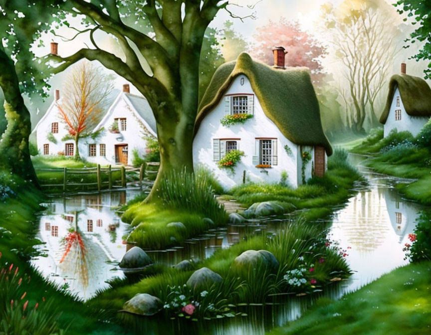 Tranquil rural scene with thatched-roof cottages and reflective pond