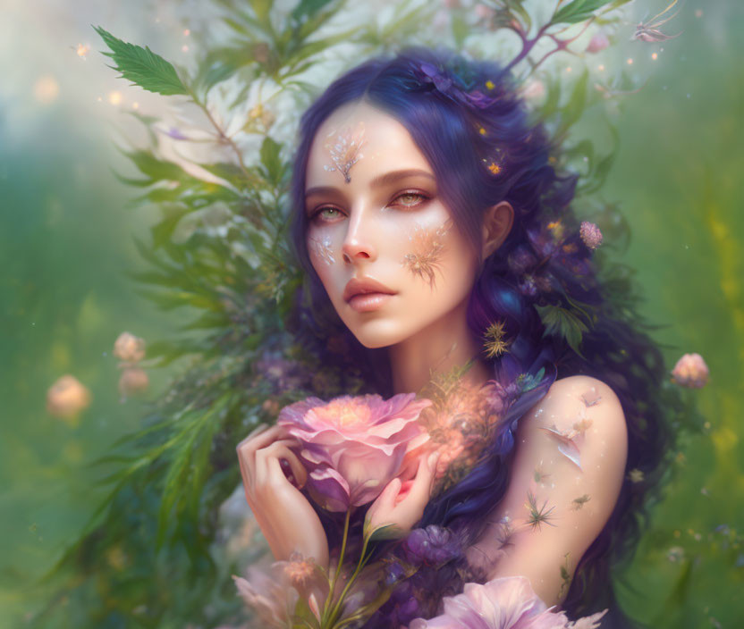 Blue-haired woman with pink flower in serene nature scene