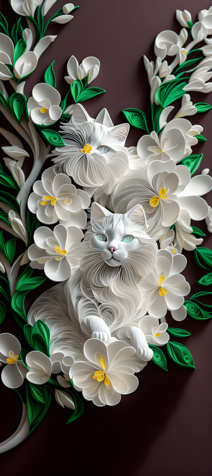 White Paper Art Cat with Blue Eyes in 3D Floral Design