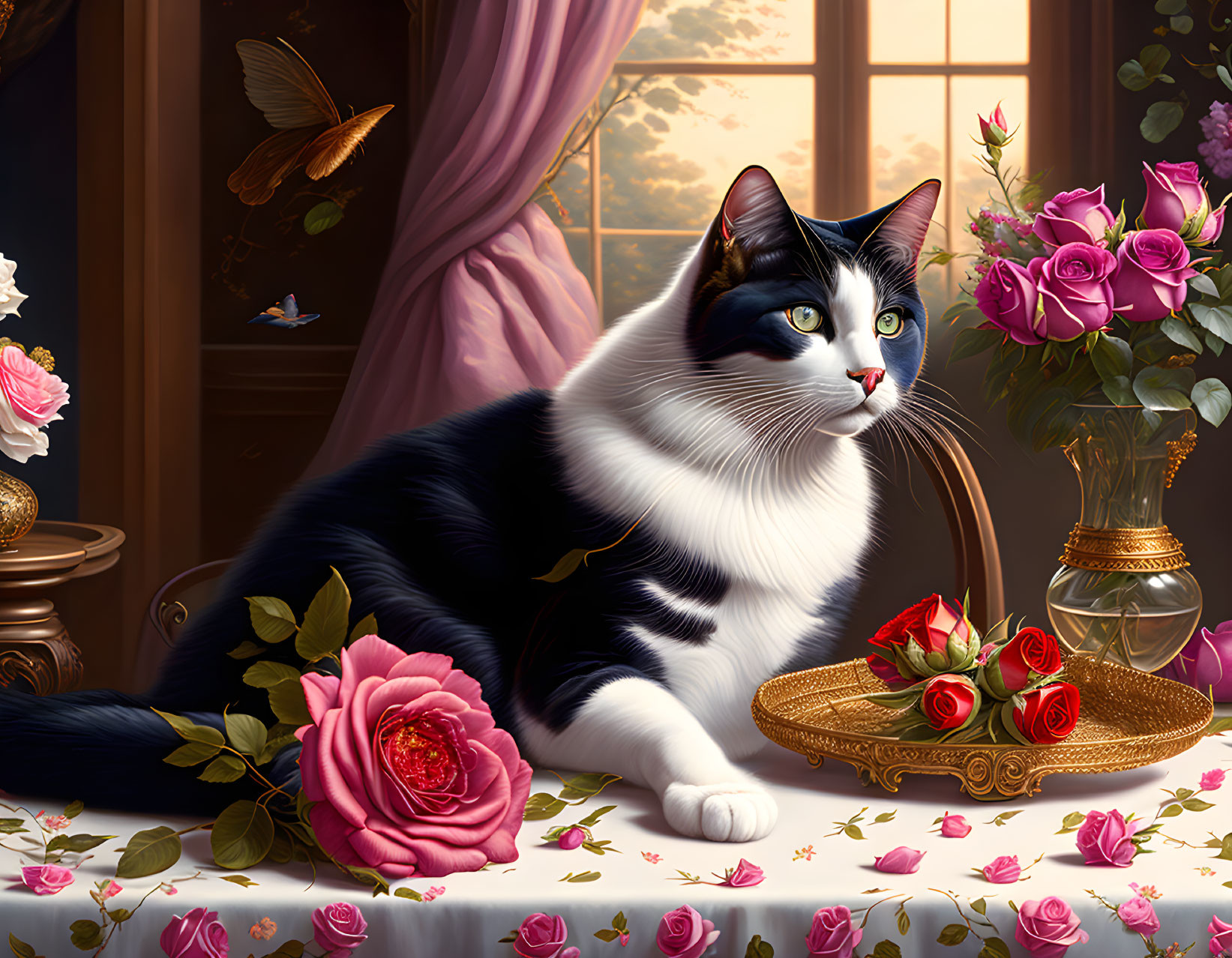 Black and white cat with roses on golden plate beside scenic window