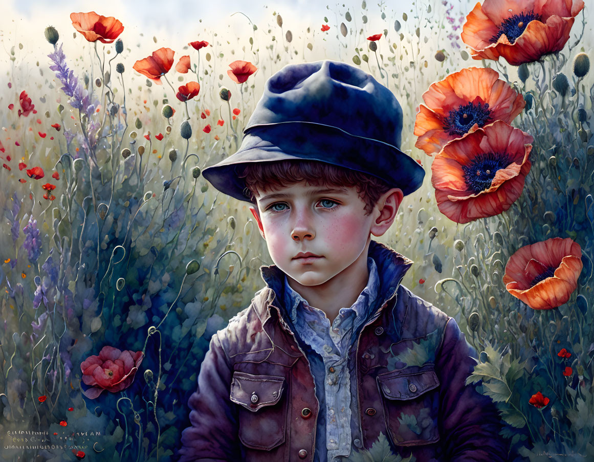 Young boy in blue hat surrounded by poppies and wildflowers with serene expression