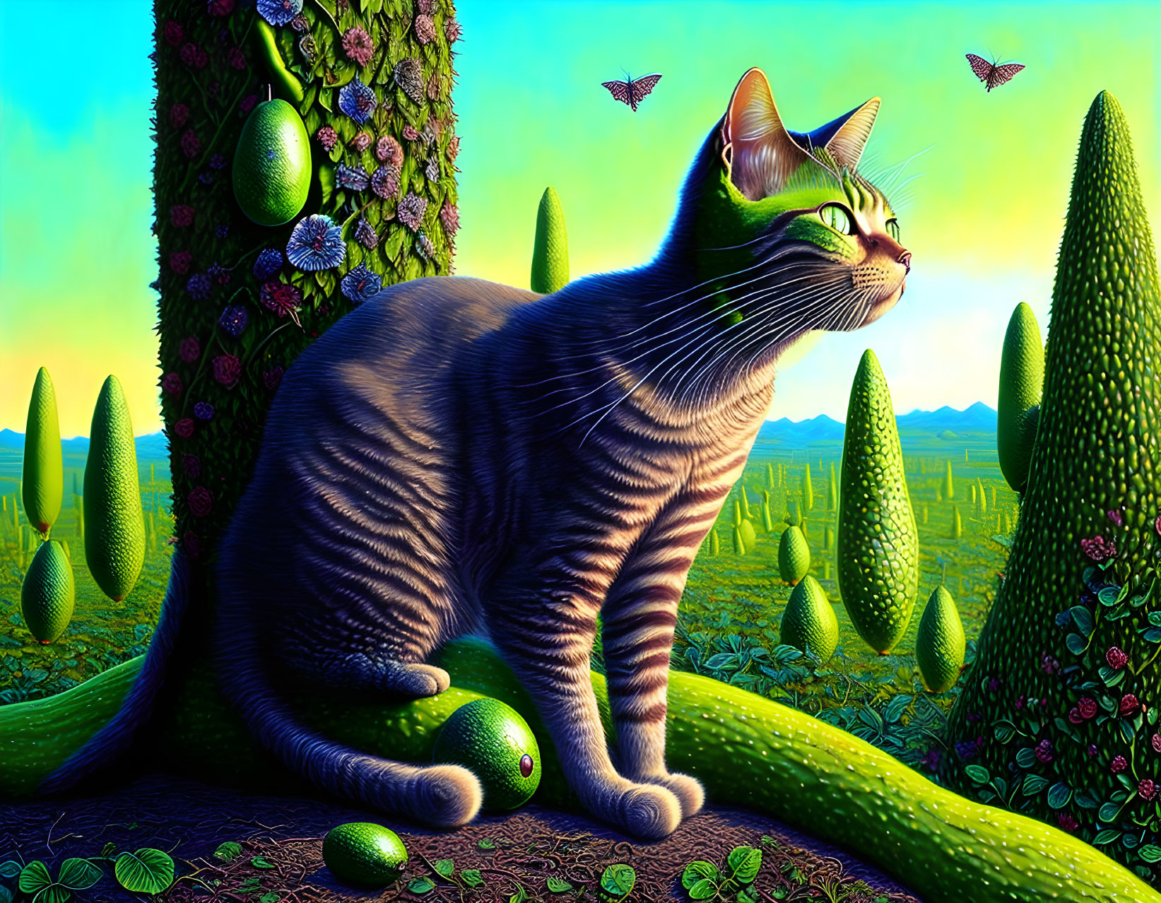 Colorful Artwork of Striped Cat in Whimsical Green Landscape