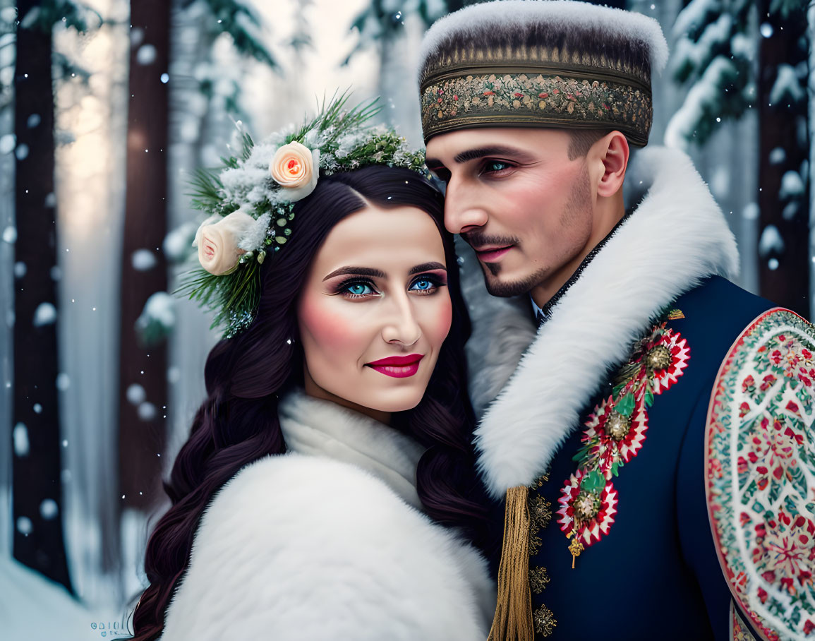 Couple in traditional embroidered garments in snowy forest.