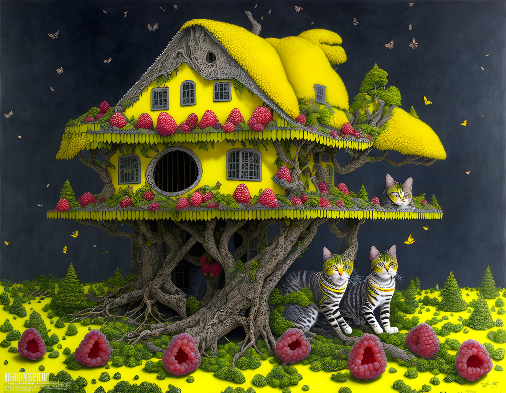 Whimsical fruit-shaped house with striped cats in surreal artwork