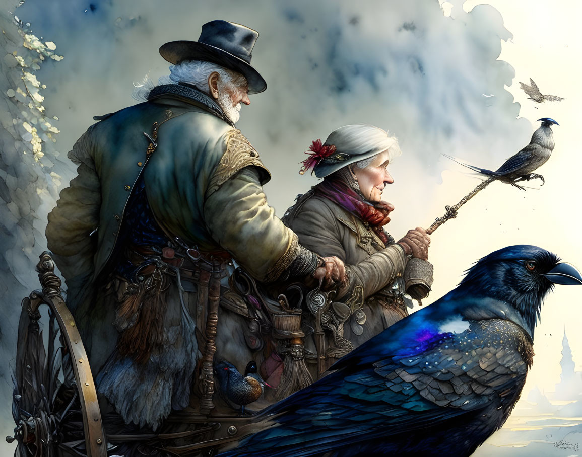 Elderly couple in medieval attire with giant raven in snowy landscape