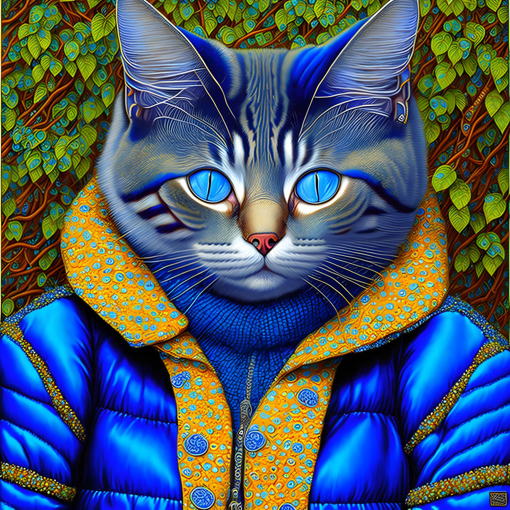 Blue-patterned cat digital artwork with striking blue eyes in puffy jacket