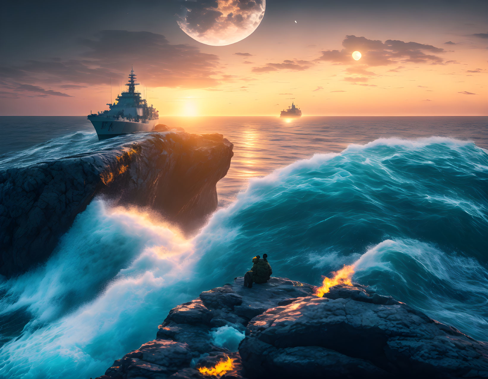 Person sitting on rocky cliff overlooking dramatic sea with glowing lava, warships, sunset, and moonrise