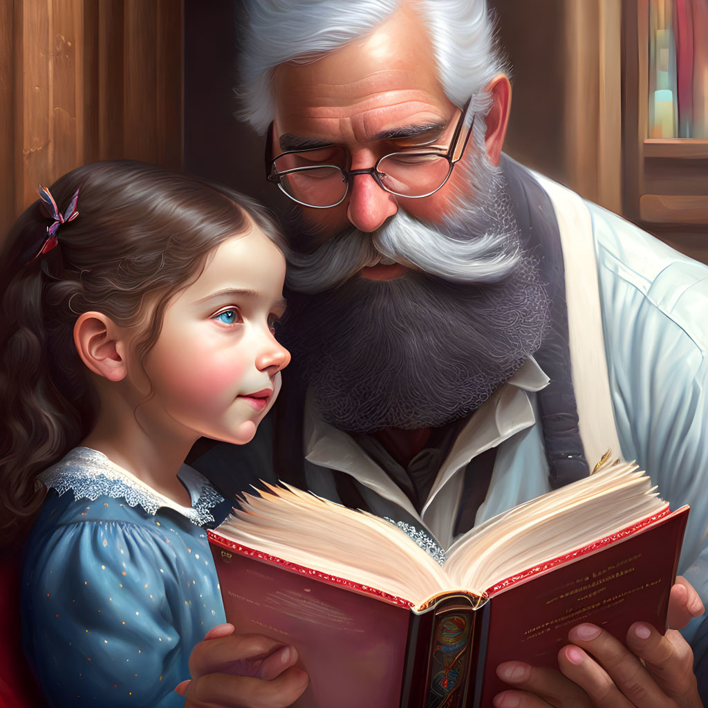 Elderly man and young girl reading book together