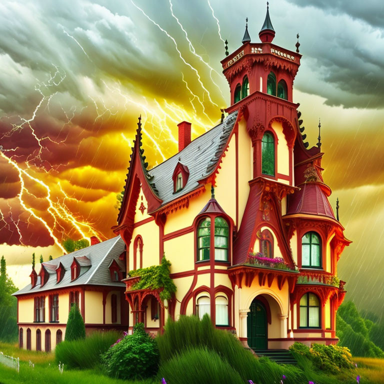 Whimsical Victorian-style house illustration under dramatic sky