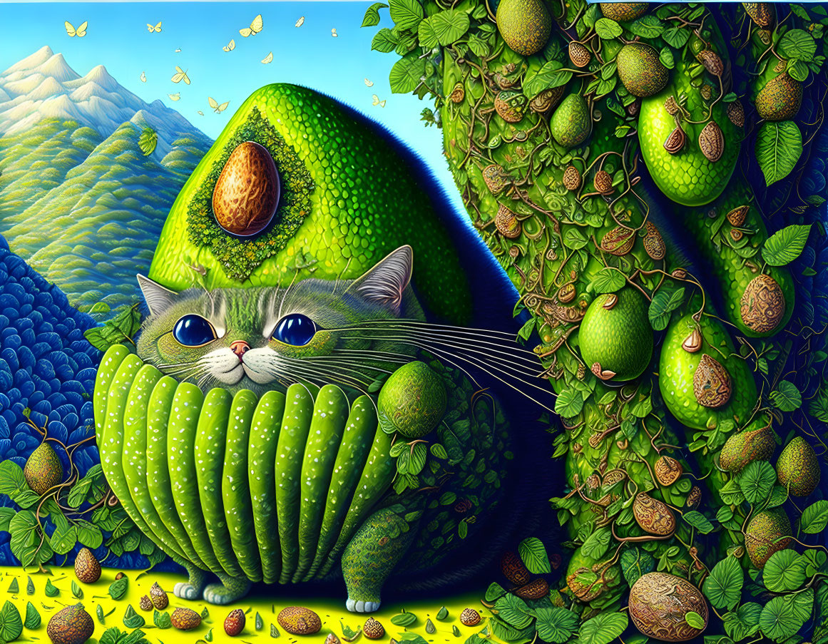 Whimsical cat illustration with avocado body and blueberry landscape