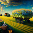 Fantasy landscape with floating islands, castles, ship, sunflowers & dynamic sky