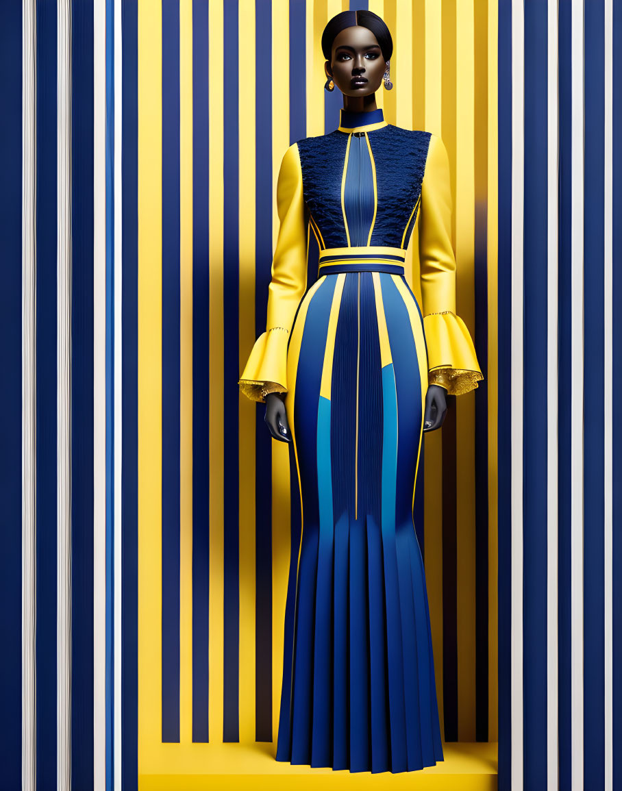 Mannequin showcasing modern yellow and blue dress on striped background