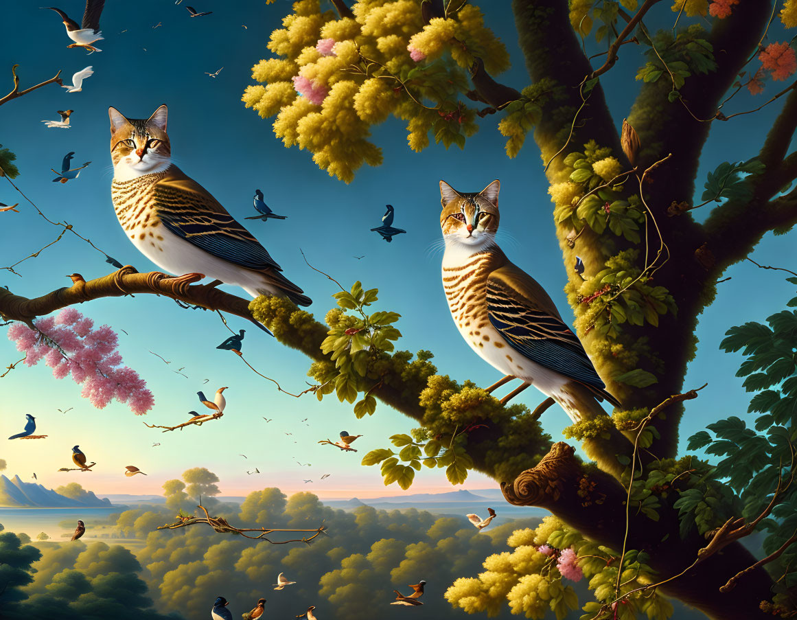 Colorful surreal landscape with cat-bird hybrids, trees, and birds in serene sky.