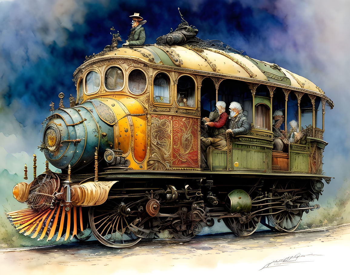 Steampunk-style locomotive with ornate brass details and open-air passenger compartment