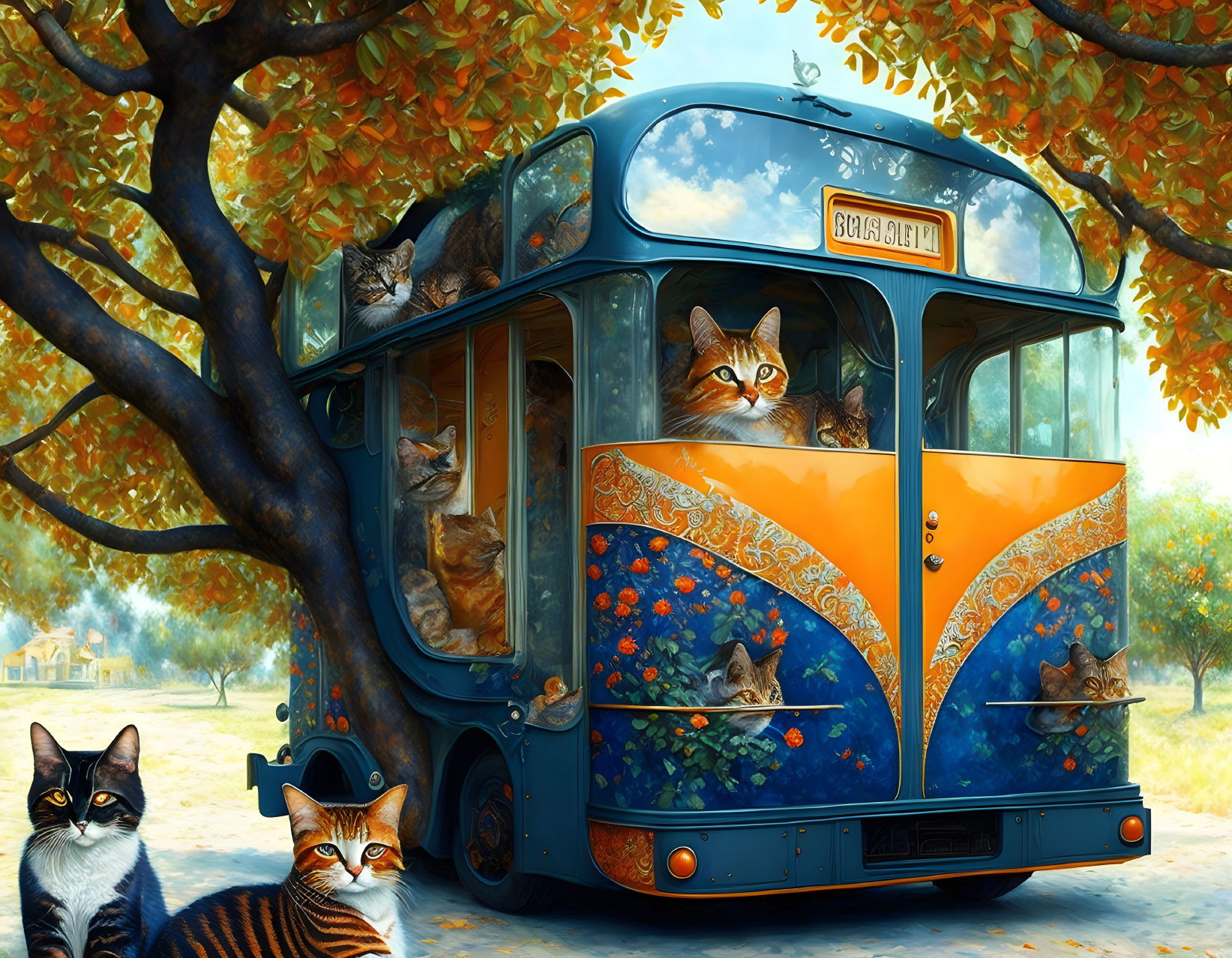 Whimsical painting of cats on vintage-style bus with floral designs
