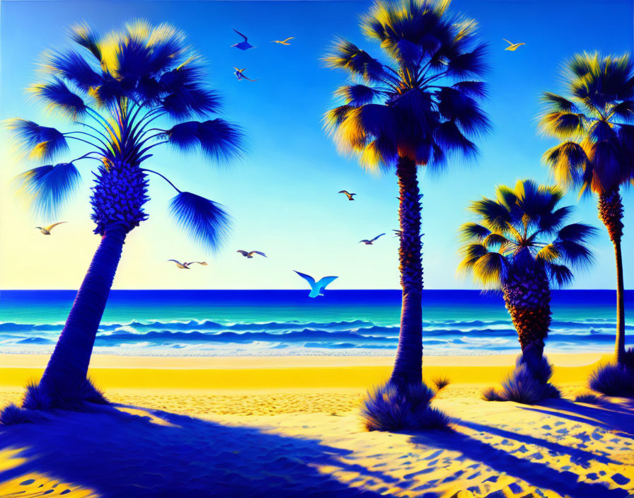 Silhouetted palm trees on sandy beach with blue sky and birds