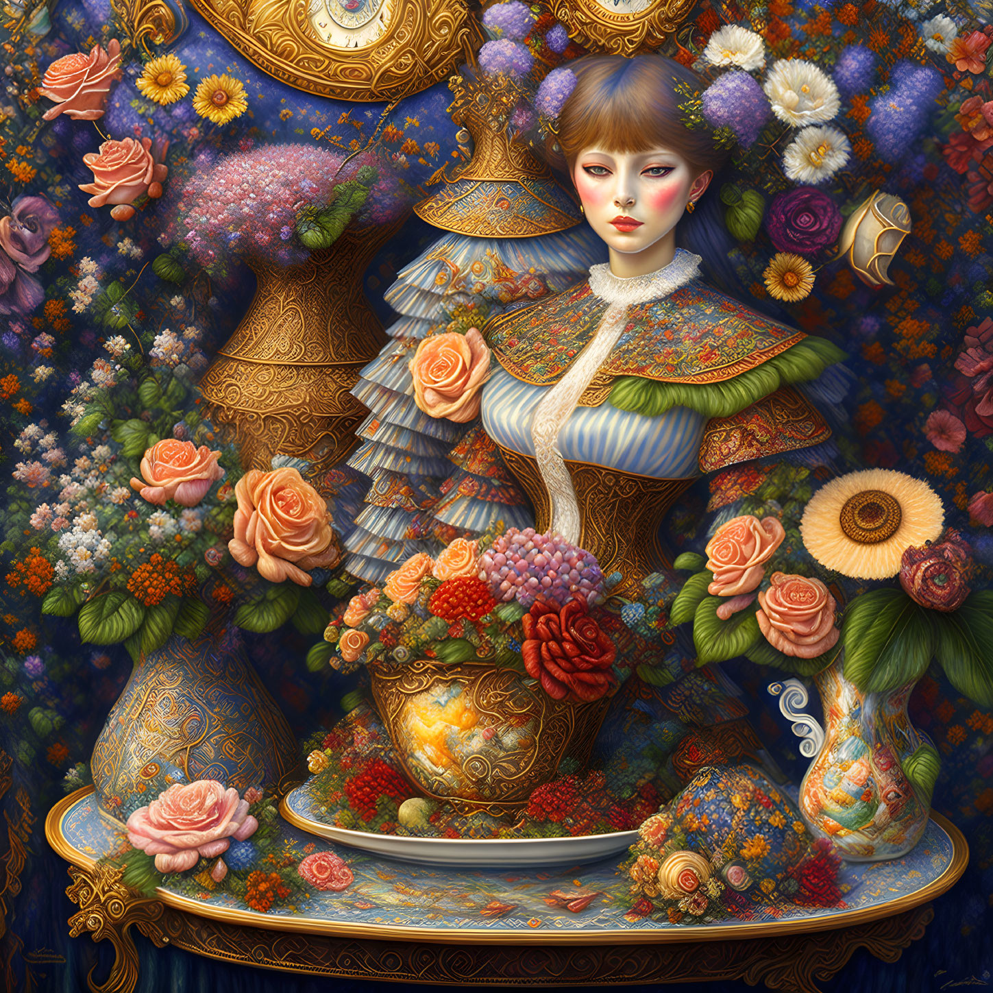 Detailed artwork of woman in floral gown with porcelain skin & lush flowers in ornate vases.